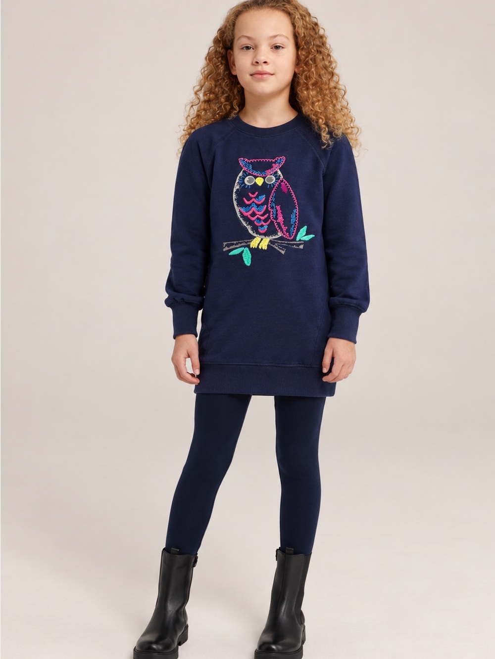 Mini Boden Girls Navy Owl Embroidered Sweatshirt Dress 7–8Y